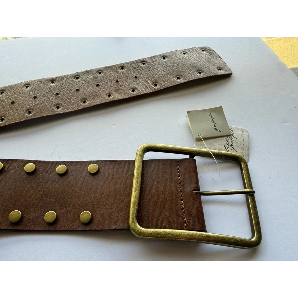 NWT Free People Brown Cognac & Brass Hex Hip Belt Size M/L Y2K